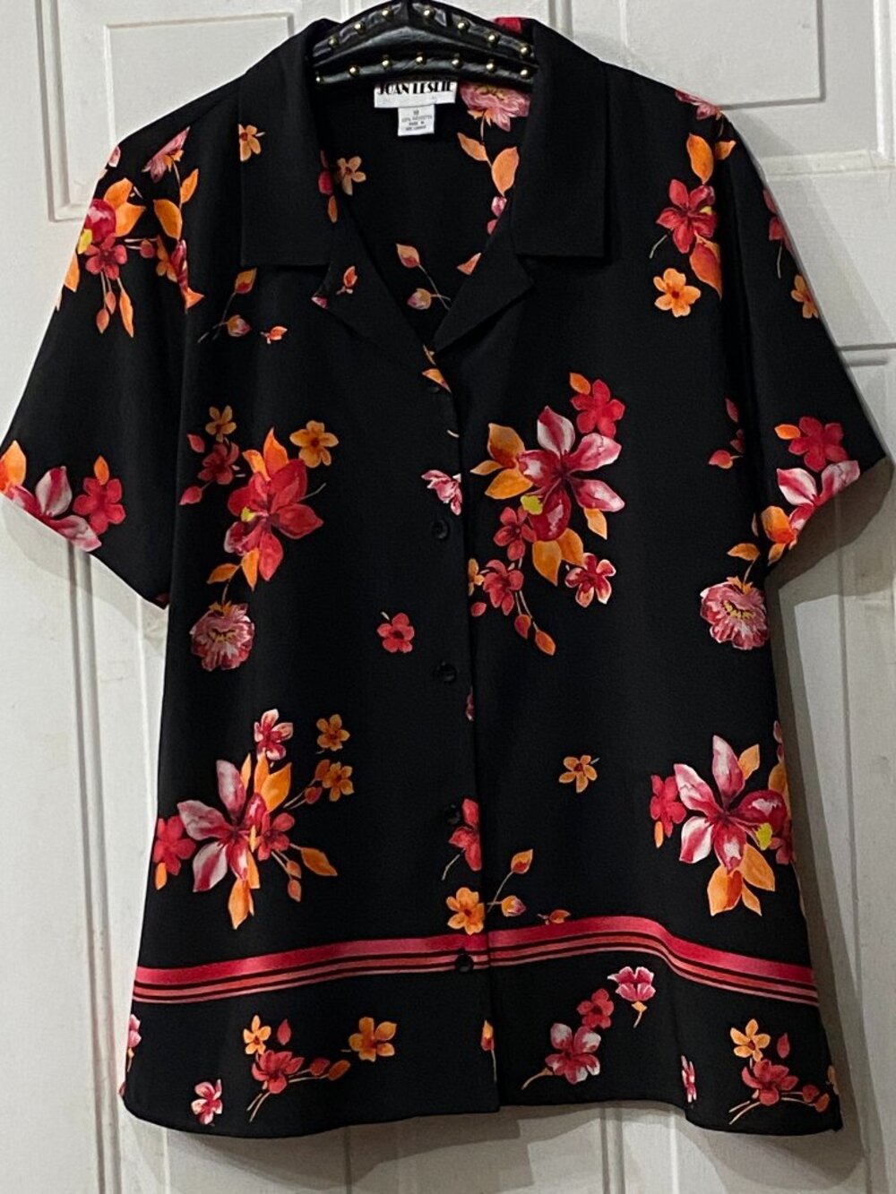 Joan Leslie Sz 18 Blouse Button Up Short Sleeve Black/Pink/Orange Floral